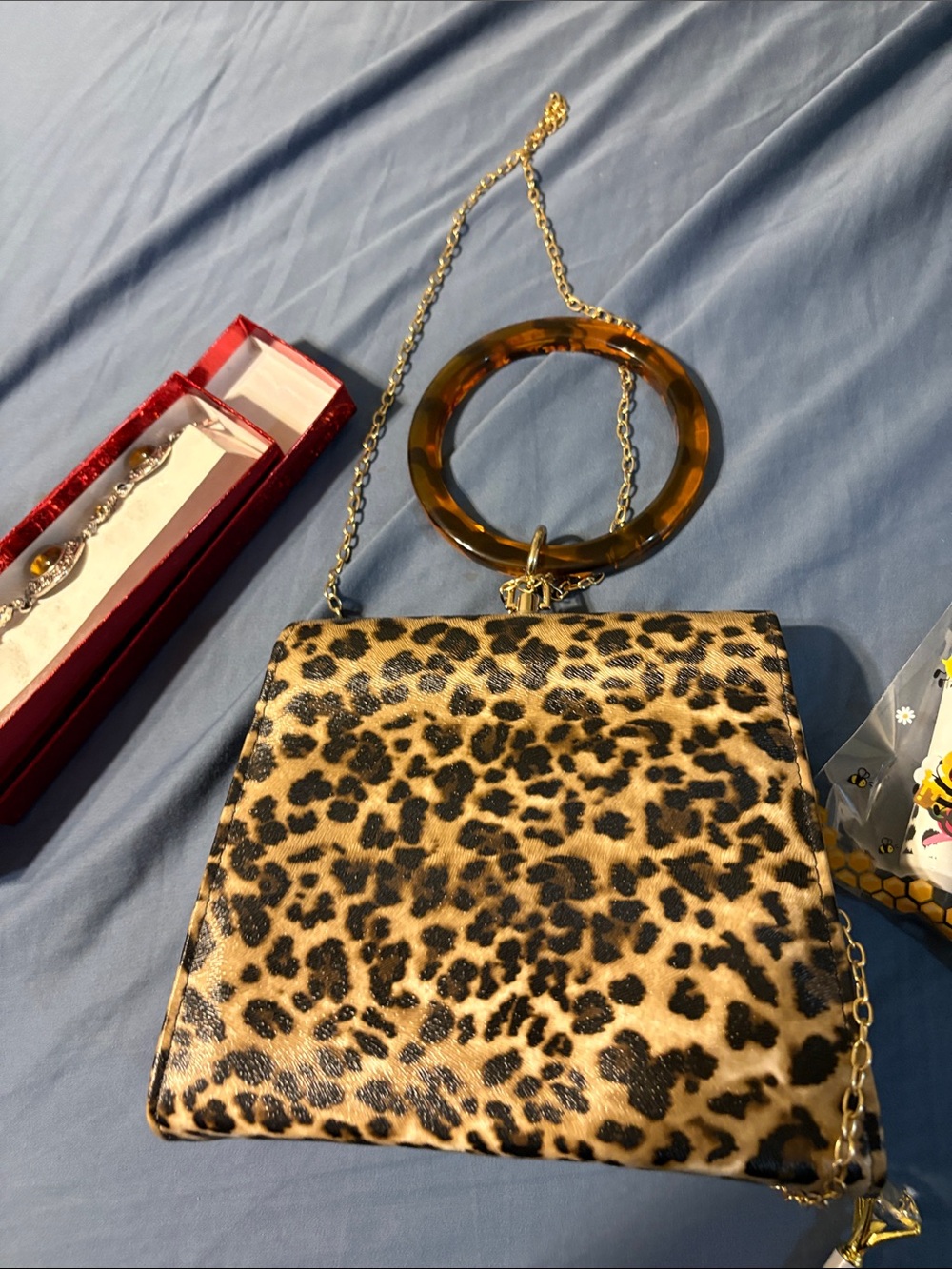 Leopard Print Crossbody Bag with Tortoiseshell Handle, bracelet and other items. - Picture 8 of 13